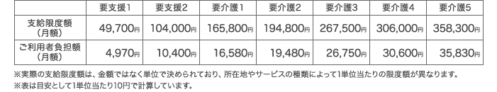 介護度別の保険支給額と自己負担額